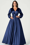 Dark Green A-Line Satin Mother of the Bride Dress with Long Sleeves