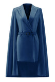 White Satin Peak Lapel Short Work Blazer Dress with Cape