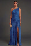 One Shoulder Gold Sheath Ruched Long Formal Dress with Slit