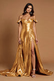 Golden A Line Ruffled Metallic Maxi Prom Dress with Slit