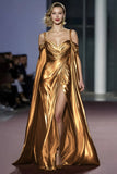 Golden Metallic Cold Shoulder Long Gala Dress with Slit