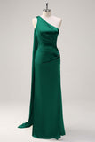 Sage One Shoulder Sheath Satin Watteau Train Bridesmaid Dress