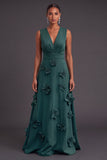 Fuchsia and Orange Floral A Line V-Neck Long Formal Dress