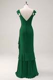 Dusty Sage V-Neck Mermaid Chiffon Bridesmaid Dress with Ruffles