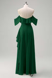 Light Green Ruffled Off The Shoulder Chiffon Bridesmaid Dress with Slit