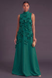 Blue Floral High Neck A Line Long Formal Dress