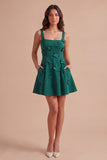 Blue Floral A Line Square Neck Short Cocktail Dress