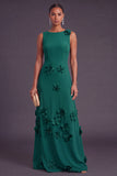 Hot Pink A Line Boat Neck Long Formal Dress with 3D Flowers