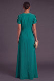 Blue Floral A Line Round Neck Long Formal Dress with Sleeves