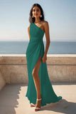 Chiffon One Shoulder Ruched Ivory Maxi Rehearsal Dinner Dress with Slit