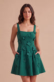 Blue Floral A Line Square Neck Short Cocktail Dress