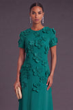 Blue Floral A Line Round Neck Long Formal Dress with Sleeves