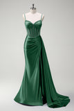 Royal Blue Spaghetti Straps Corset Mermaid Satin Prom Dress with Side Cape