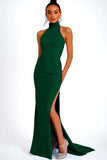 Sky Blue Satin High Neck Sheath Long Wedding Guest Dress with Slit
