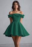A Line Satin Off the Shoulder White Short Graduation Dress with Ruffles