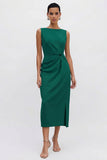 Orange Midi Bateau Neck Sleeveless Ruched Pencil Work Dress with Slit
