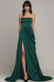 Black Strapless Satin Ruched A Line Maxi Formal Dress with Slit