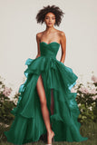 A Line Navy Sweetheart Flowy Maxi Formal Dress with Ruffles
