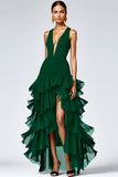 Black A Line Deep V-Neck Ruffled Long Formal Dress with Slit