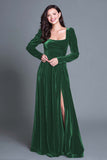 Burgundy A Line Velvet Long Holiday Party Dress with Slit