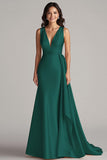 Elegant Maxi Champagne V-Neck Mermaid Satin Formal Dress