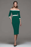 Black and White Patchwork Off the Shoulder Pencil Midi Work Dress with Sleeves