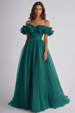 Dusty Sage A Line Tulle Long Wedding Guest Dress with Ruffles