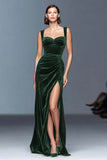 Maxi Burgundy Velvet Ruched Sheath Holiday Party Dress with Slit