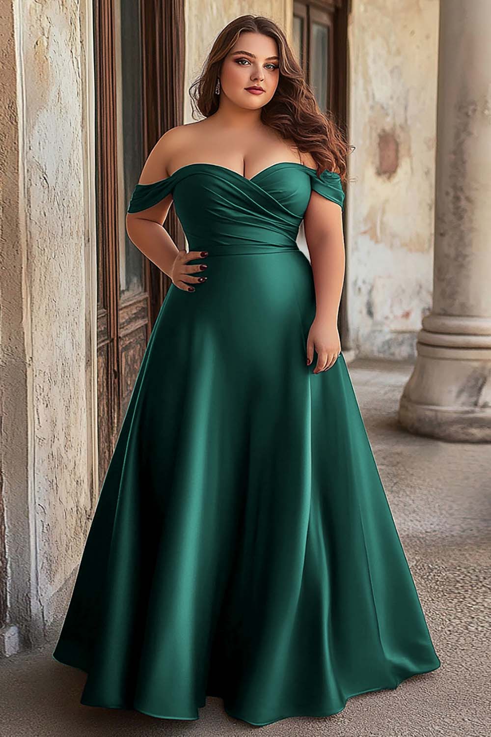 Leely Women Burgundy A Line Satin Maxi Prom Dress Off the Shoulder Plus