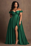 Royal Blue Plus Size Satin Off the Shoulder Long A Line Formal Dress with Slit