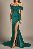 Black Off the Shoulder Mermaid Floor Length Formal Dress with Slit