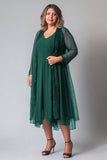 Purple V-neck Tea Length Mother of the Bride Dress with Sparkly Jacket
