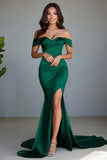 Dusty Sage Mermaid Off the Shoulder Elegant Maxi Prom Dress with Slit