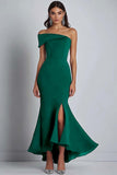 Navy Sheath Off the Shoulder Ruffled Maxi Formal Dress with Slit