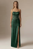 Sparkly Beaded Ivory Mermaid Strapless Maxi Wedding Reception Dress with Slit