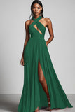 Black A Line Pleated Halter Cut Out Formal Dress with Slit