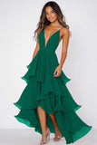 Red V-Neck A Line Long Chiffon Formal Dress with Ruffles