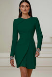 Short Ivory Pencil Pleated Round Neck Work Dress with Sleeves
