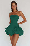 Satin White A Line Strapless Tiered Mini Graduation Dress with Ruffles
