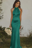 Elegant Light Yellow Sheath Halter Maxi Satin Bridesmaid Dress