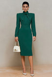 Ivory High Neck Pencil Long Sleeves Midi Work Dress with Bow