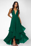A Line Red V-Neck Ruffled Chiffon Long Formal Dress