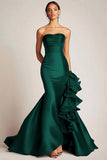 Strapless Satin Mermaid Long Black Tie Dress with Ruffles