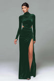 Burgundy Velvet Sheath High Neck Cut Out Long Holiday Party Dress with Slit