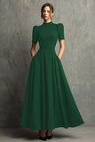 Black Short Sleeves High Neck A-Line Long Formal Dress with Pockets