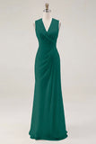 White Sheath V-Neck Ruched Maxi Chiffon Rehearsal Dinner Dress