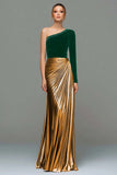 Metallic Red and Gold One Shoulder Mermaid Velvet Long Holiday Party Dress