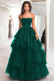 Black Ball Gown Tulle Tiered Strapless A Line Prom Dress