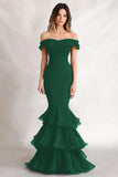 Black Ruffled Mermaid Off the Shoulder Long Formal Dress