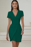 Ivory V-Neck Pleated Short Pencil Work Dress with Sleeves
